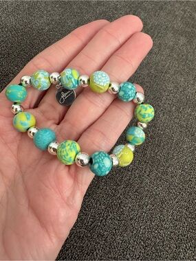 Jilzara Clay Lime and Turquoise Patterned Beaded Stretch Bracelet with Charm